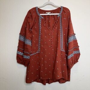 Sundance Womens Embroidered Top Large 3/4 Sleeve Southwestern‎ Boho V Neck